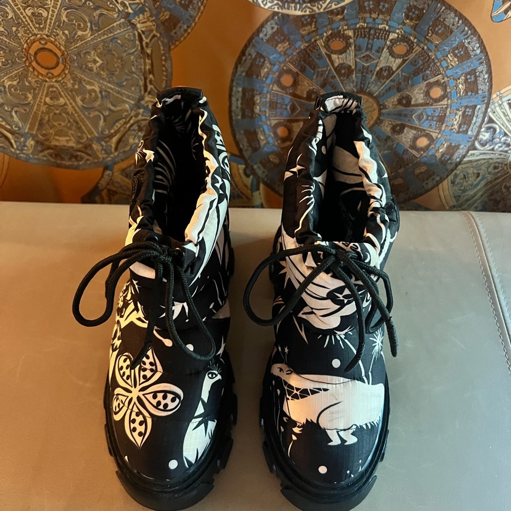 FARM Rio Black and Cream Boots with Floral Design